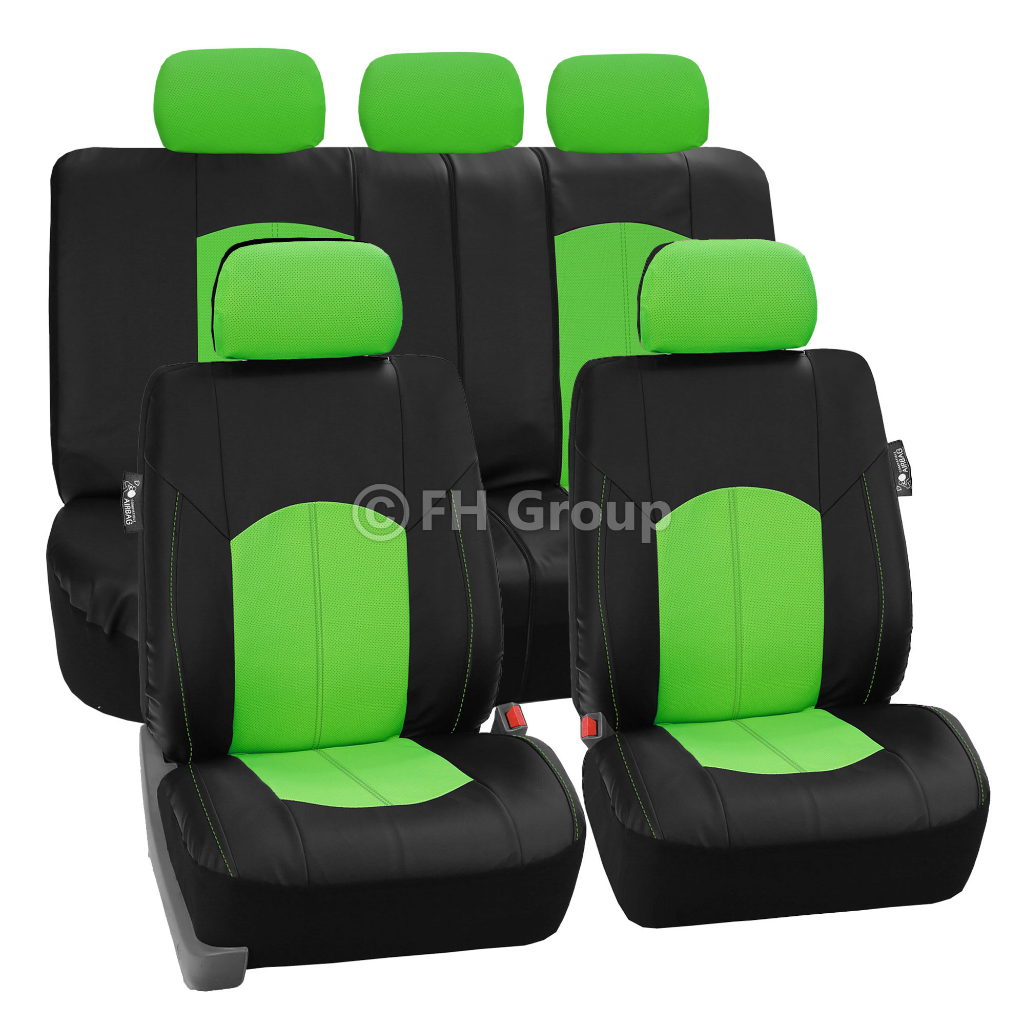 FH Group, Green Black Deluxe Leather Seat Covers Full Set w/ Free Air Freshener, Airbag Compatible / Split Bench Covers - image 4 of 10
