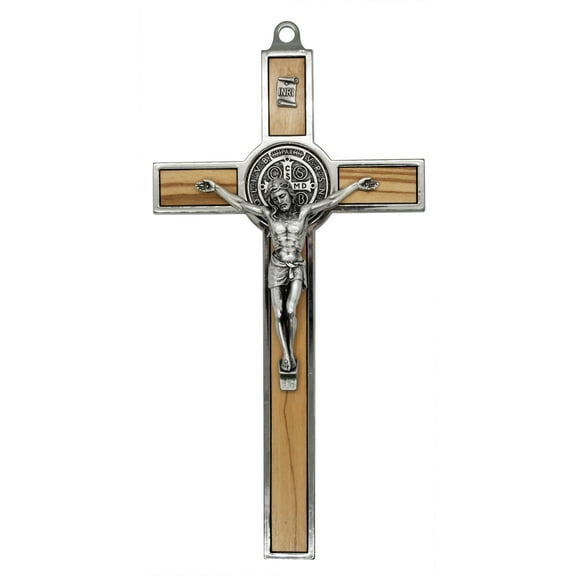 7.75" Silver-Tone St. Benedict Cross with Wood Inlays
