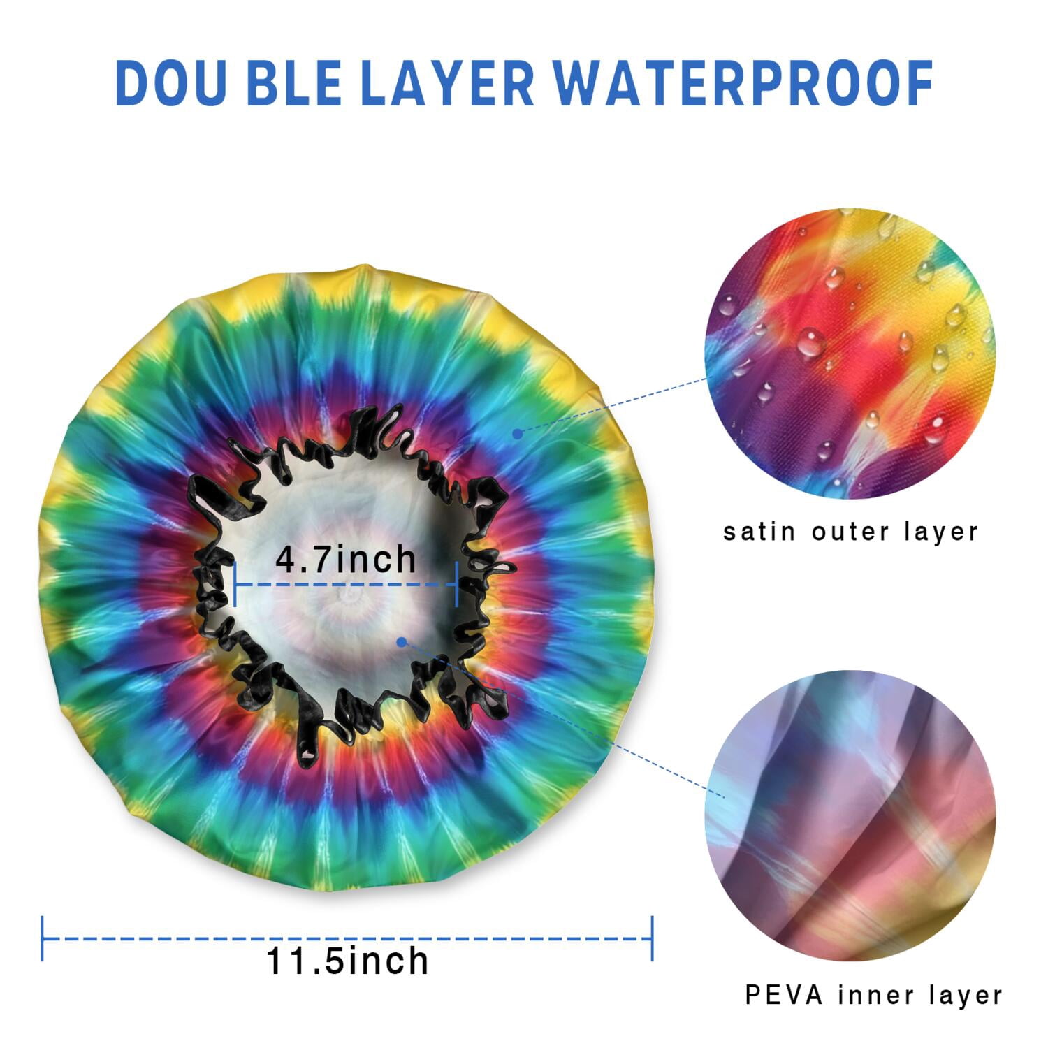 Shower Caps,Colorful Rainbow Tie Dye Spiral Pattern Waterproof Shower Cap for Women 4 Pieces,Double Reusable Hair Cover for Shower PEVA Elastic Stretch Hem