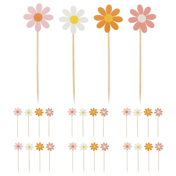 MIPCASE 40pcs Assorted Color Daisy Flower Cupcake Picks Wooden Party Decorations for Birthday Wedding Celebration