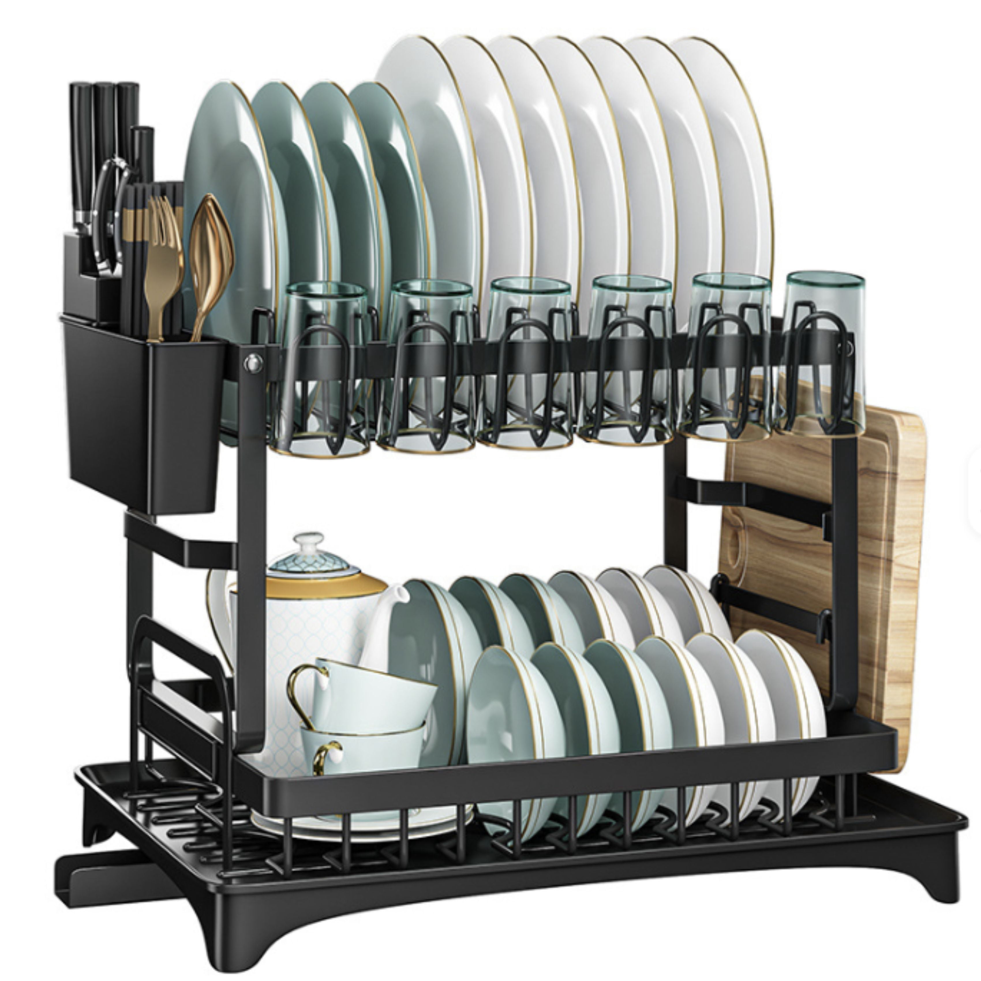 Vallary 2-Tier Dish Drying Rack with Drainboard – Rustproof Steel Kitchen Organizer with Utensil & Cup Holder, Cutting Board & Knife Stand – Space-Saving Countertop Dish Drainer (Black)