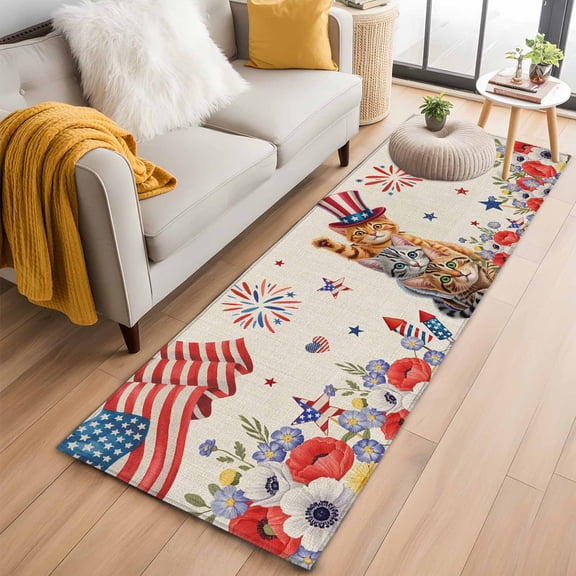 Independence Day 2'x6' Runner Rugs for Hallway Kitchen Bedside Non Slip Washable, Cat Patriotic Flag Firework Flowers Entryway Rug Runners with Rubber Backing, Long Carpet Runner for Laundry Room