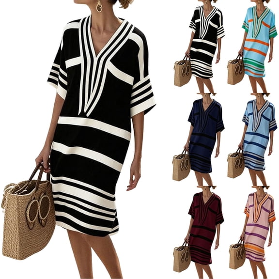 Bixock Women Summer Dresses Striped Beach Vacation Midi Dress 3/4 Sleeve Boho Chic Outfits Tunic Shift Dress