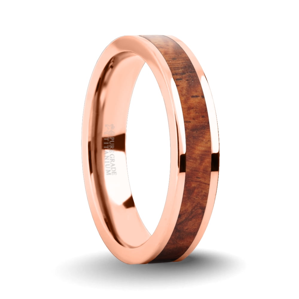 Elegant Rosewood Burl Wood Inlay Rose Gold Titanium Wedding Ring, 4mm, Size 9