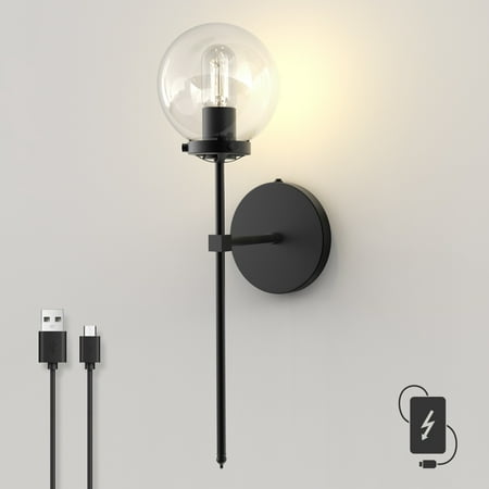 

HYMELA Battery Operated Wall Sconce Light Fixtures with Glass Shade Wireless Wall Bedside Reading Lamp for Bathroom Living Room Bathroom Vanity Bulb Included