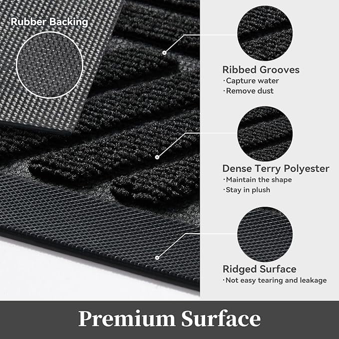 FEELHOME Outdoor Mat 17"x30" Non Slip Front Door Mat Outside Absorbent Rubber Welcome Mat Low Profile Dirt Trapper Indoor Outdoor Doormat Boho Geometric Door Mat Outside Thick Entryway Rug Black