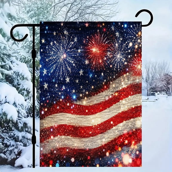 RKSupls Patriotic Linen Double Sided Garden Flag, Independence Day Themed Yard Decor, Glitter Flag Fireworks Night Sparkle Outdoor Banner for Holiday Lawn