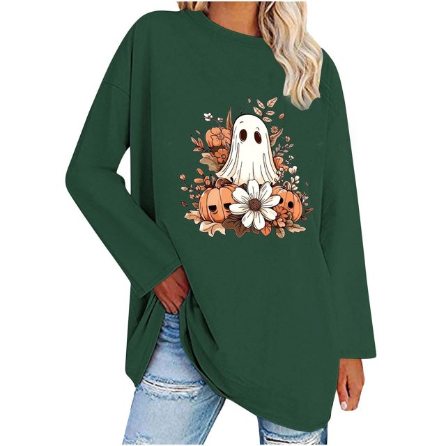 FAIWAD Hauts à Manches Longues d'Halloween pour Femmes Imprimé Fantôme Mignon Col Rond Pull 2024 Automne Basiques