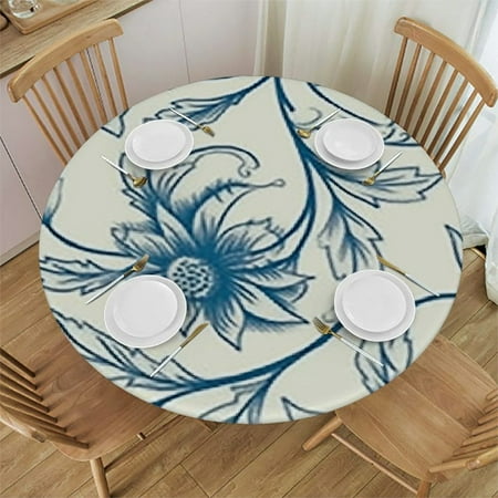 

Blue White Round Fitted Tablecloth with Elastic Edge Flower Style Country Style Round Fitted Table Cover with Elastic Edges