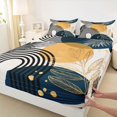 thumbnail image 4 of Castle Fairy Boho Tropical Leaf Bed Sheets 4pcs for Boys, Geometric Print King Sheets for Bedroom, Navy Gold, 4 of 6
