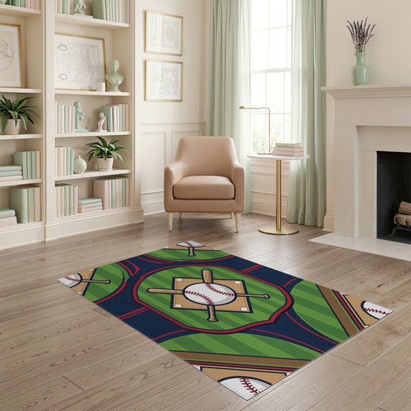 ODIKA Design With Crossed Bats Ball And Stitched Seam Accents Baseball Field Sport Pet Friendly & Kids Safe Play for Playroom, Bedroom, Reading Nook