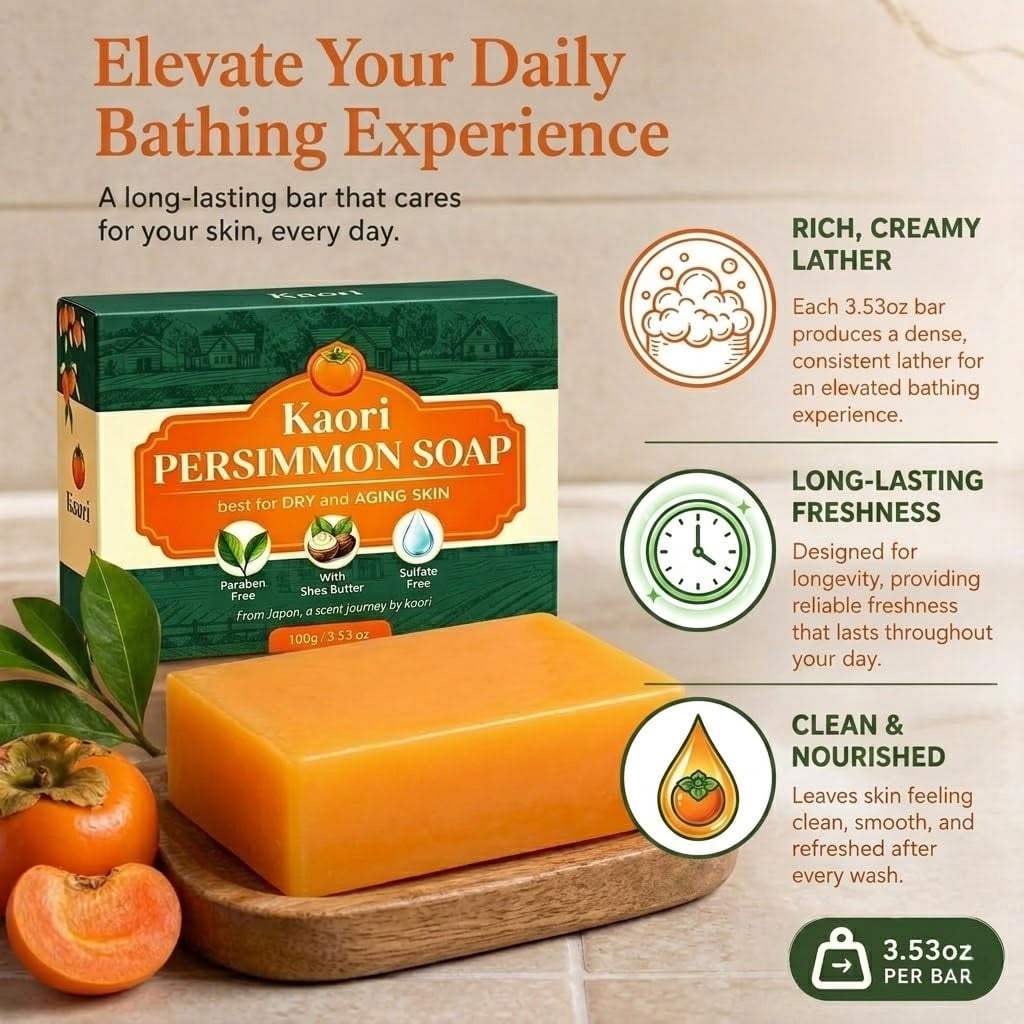 Kaori Deodorizing Persimmon Soap – Gentle for Dry & Aging Skin, Japanese Persimmon + Green Tea Extract, Natural Body Wash for Men & Women – All-Day Freshness (2PCS)
