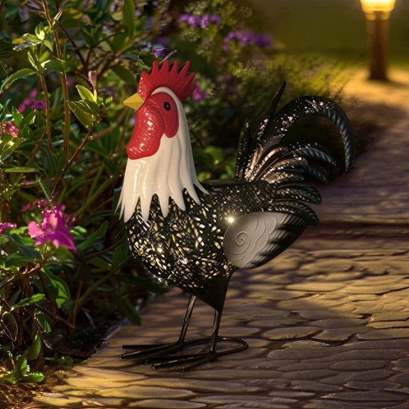 Metal Rooster Garden Decor — 15" Solar-Powered Outdoor Garden Statue, Metal Chicken Yard Art for Outdoor Porches, Patios, and Backyards
