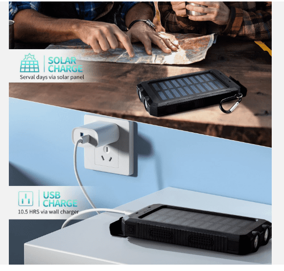 Solar Portable Charger Power Bank with Flashlight, High-Capacity Battery Pack, Dual USB Output, Emergency Outdoor Charging