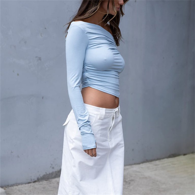 Off Shoulder Tops for Women Y2k Tops Ruched White Tops Slim Fit Long Sleeve  Y2k Aesthetic Grunge Crop Top (White, L) at  Women's Clothing store
