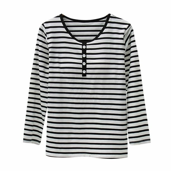 Wyobmus Womens Striped Long Sleeve Shirts Casual Lightweight Button Up Round Neck Tees Shirts With Chest Pad Black