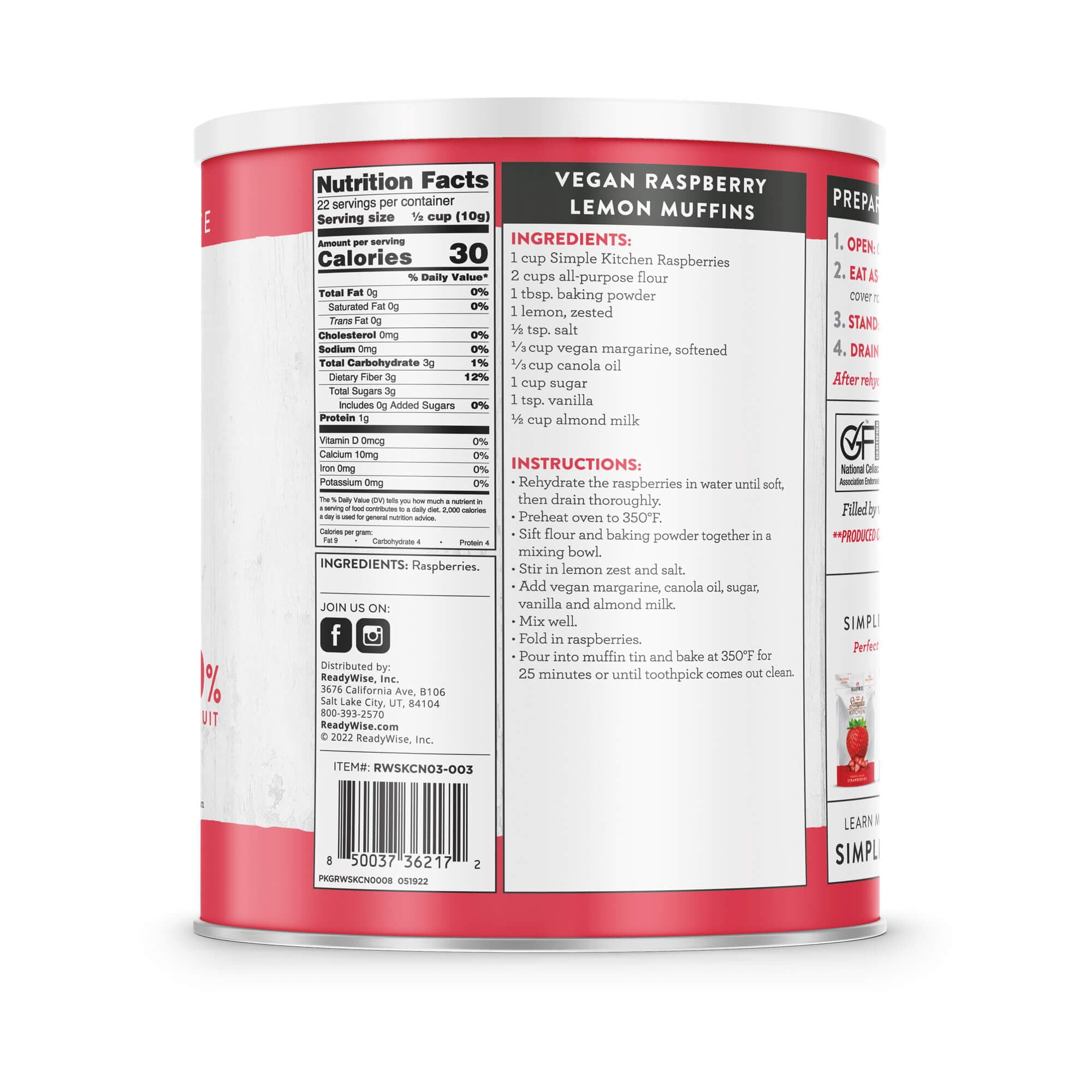 ReadyWise Freeze-Dried Raspberries 22-Serving Can | Long Shelf Life, Nutritious Snack