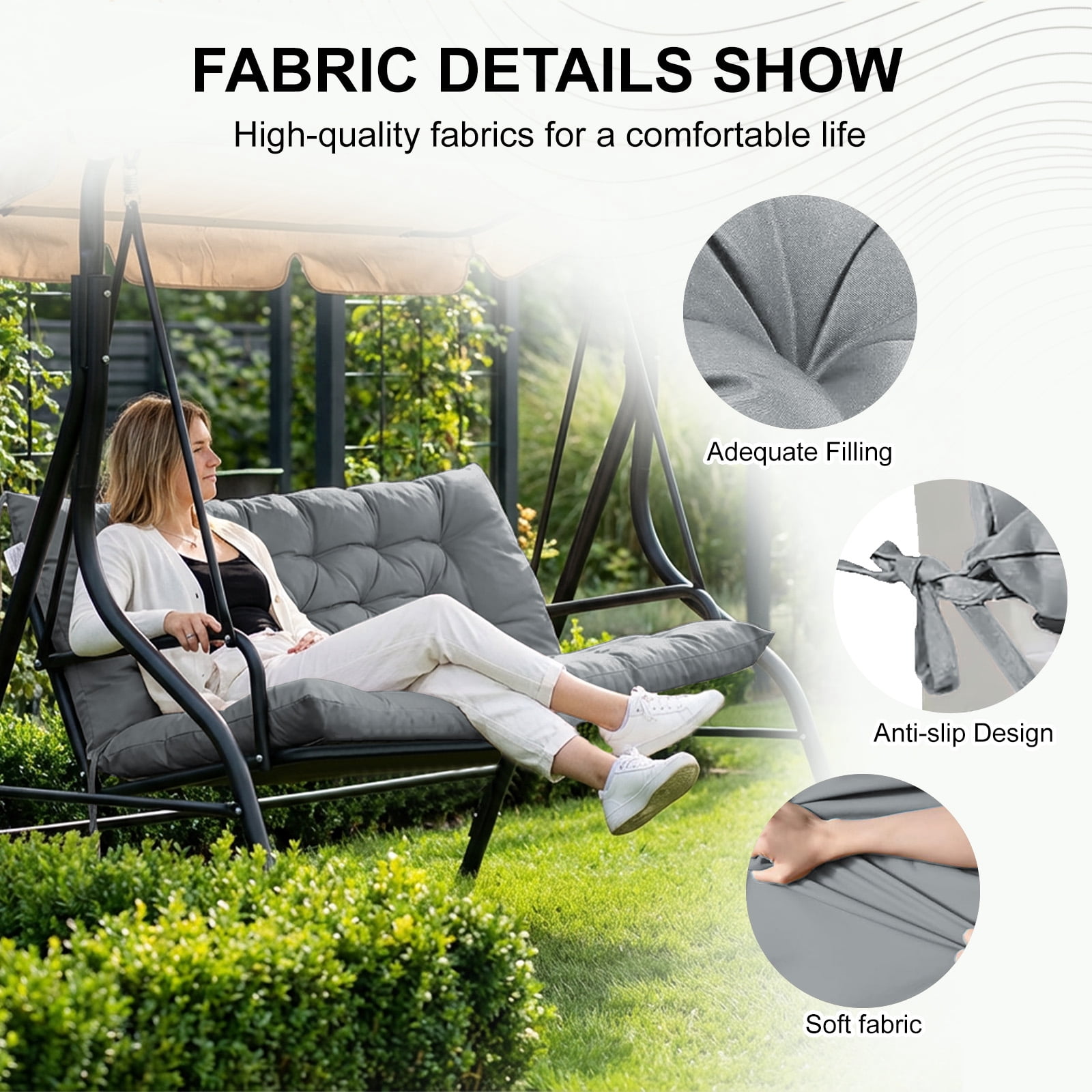 60in Outdoor Swing Cushions, Waterproof 4" Thick Porch Swing Cushion Replacement with Backrest and Ties, Comfortable 2-3 Seat Pation Swing Pad for Backyard, Garden, Lawn, Outdoor Furniture