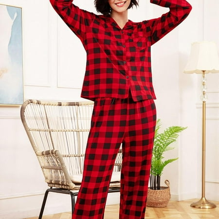 

Promotion Promotion Women Pajamas Set Red Check Cardigan Shirt Trousers Casual Sleepwear Home Nighty Comfy Loungewear