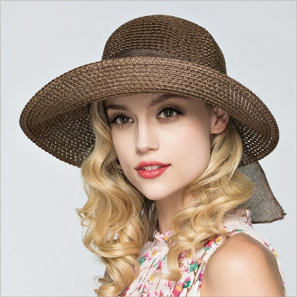 Douhoow Womens Hat Straw Beach Cap Summer Bow Ribbon Sun Hat Panama Hat