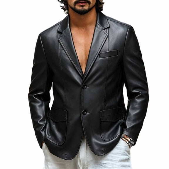 Hulanddfd Men Blazer Long Sleeve Lapel Collar Button Down Faux Leather Loose Fit Casual Outwear Lightweight Comfortable Everyday Wear