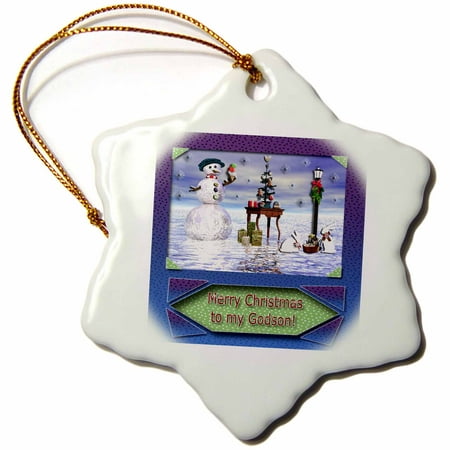 3dRose Snowman with Bunny Friends 3d Merry Christmas to Godson - Snowflake Ornament,