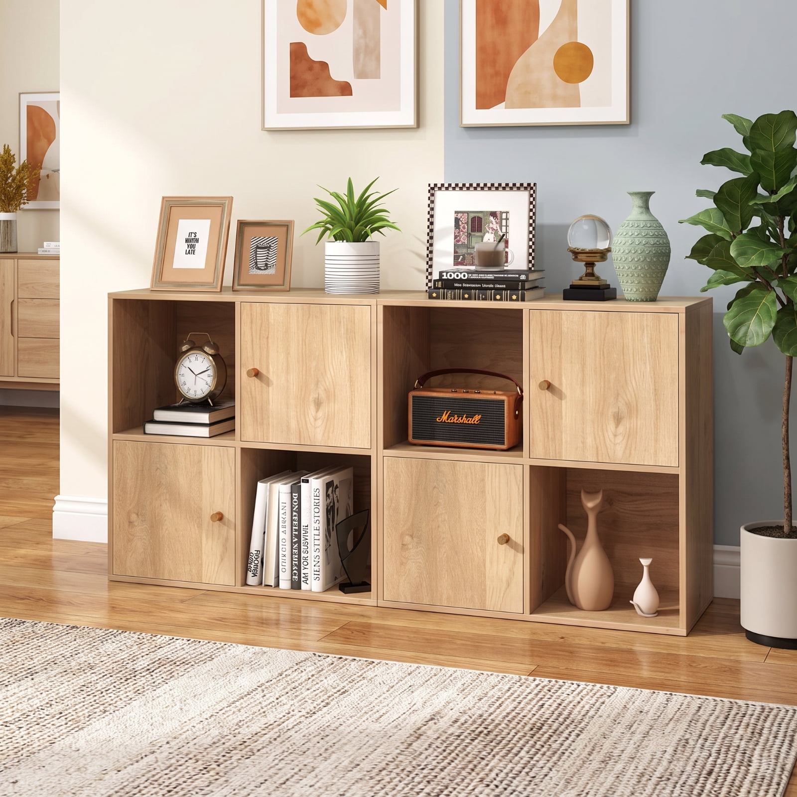 Furnibear 4-Cube 3-Tier Bookcase with 2 Cabinets Dual Anti-Tipping Kits and Metal Knobs for Living Room and Home Office, Natural
