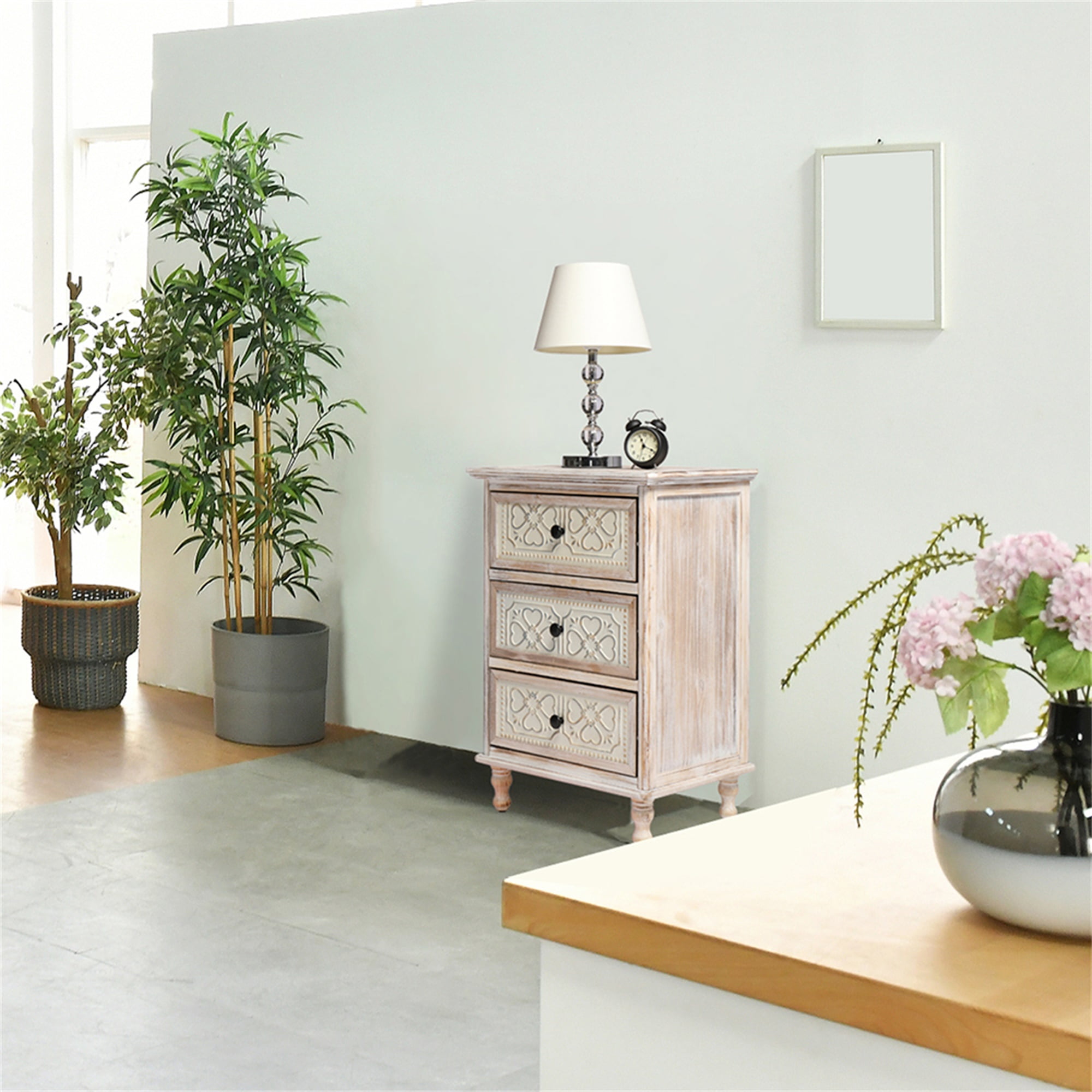 Kepooman 3 Drawer Nightstand, Durable Solid Wood and MDF Finish Fir Construction Decorative Storage Cabinet, Bedroom, Living Room, Entryway Washed White Finish Iron Carved Nightstand Kepooman 3 Drawer Nightstand, Durable Solid Wood and MDF Finish Fir Construction Decorative Storage Cabinet, Bedroom, Living Room, Entryway Washed White Finish Iron Carved Nightstand
