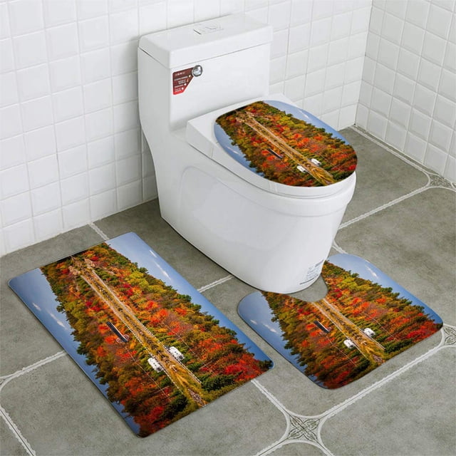 ABPHQTO Carretera a través del bosque de otoño Juego de alfombras de baño de 3 piezas Alfombra de baño Alfombra de contorno y tapa de inodoro