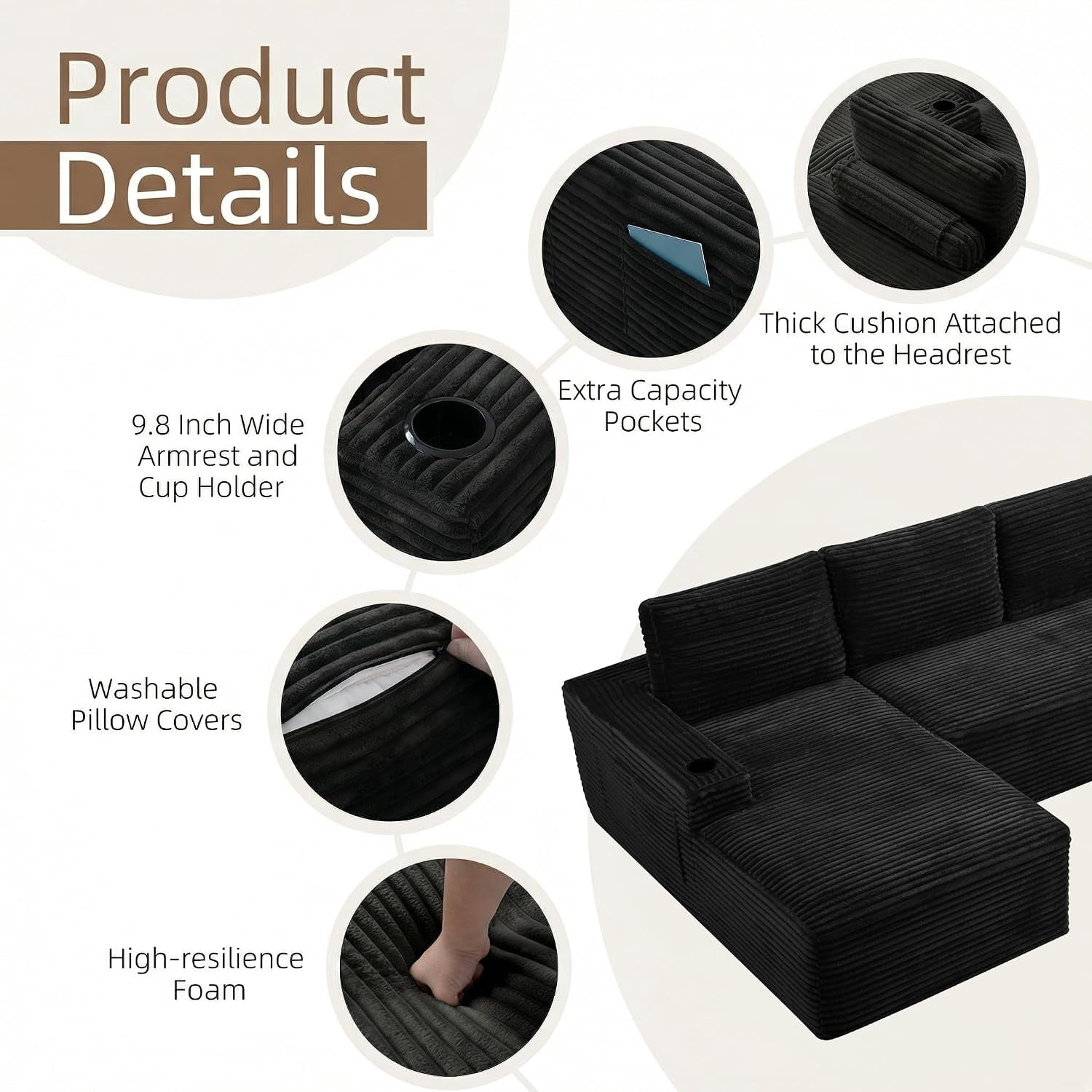 104" Cloud Modular Sectional Sofa, Corduroy Boneless L-Shape Chaise Couch with Deep Seat for Living Room Bedroom, No Assembly Required