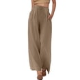 thumbnail image 1 of Pantalones de playa de lino de cintura alta y pierna ancha para mujer - Pantalones informales de verano con cordón y bolsillos para vacaciones y relax., 1 of 5