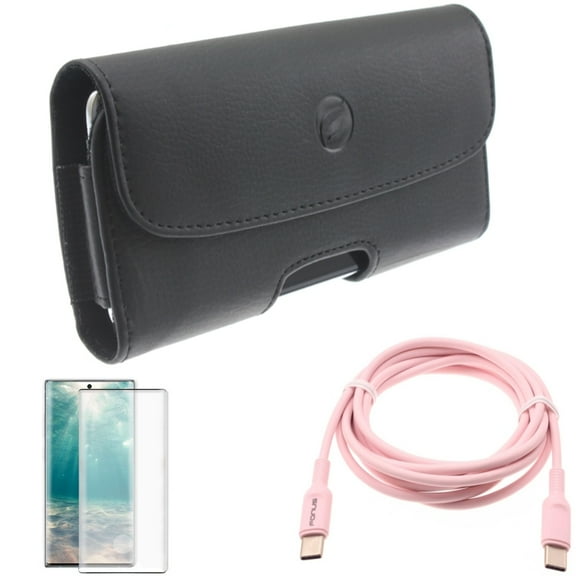 Pink 6ft Long Cable & Screen Protector & Case Belt Clip for Samsung Galaxy Note 20 (6.7") - Combo with USB-C to Type-C PD Fast Charger & Tempered Glass (Fingerprint Unlock) & Leather Holster