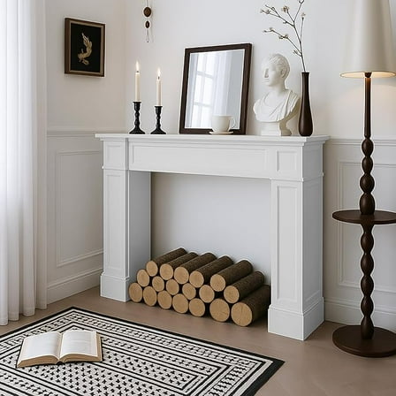 EPICOZY 43.3" Fireplace Mantel, Freestanding Fireplace Surround with Leg for Electric Fireplaces, MDF Mantel Surround with Shelf for Living Room with Decorative Pattern, Anti-Tipping & Waterproof