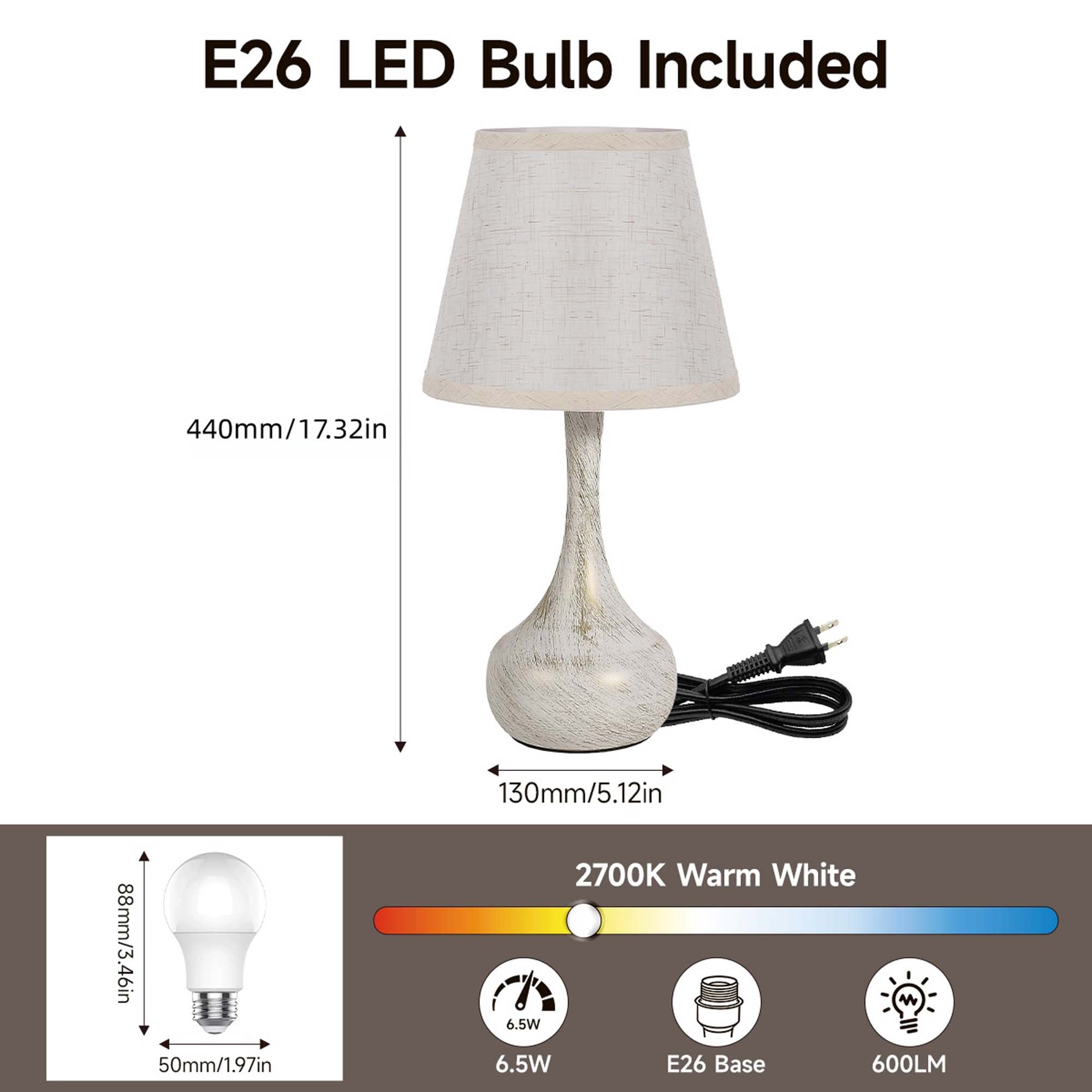 Miniyam 8.7" W * 16.6" H Touch Table Lamps Set of 2, 3 Way Dimmable Bedside Lamp for Bedroom, Including E26 LED Bulbs (White Gold)