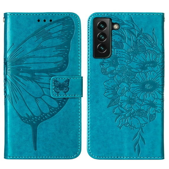 Wallet Case for Samsung Galaxy S22 Plus 6.6 Inch with PU Leather Kickstand Bracket Card Slots Magnetic Clasp Flip Folio Phone Case, Butterfly Pattern Soft TPU Wrist Strap Shockproof Cover,Blue