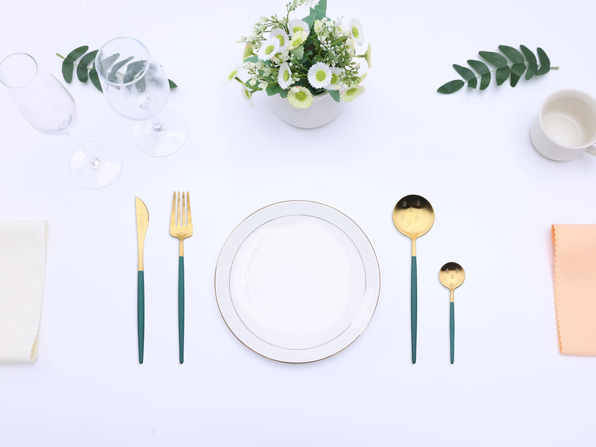 Unique Bargains 4 Piece Silverware Set, Stainless Steel Floral Flatware Set Green 4