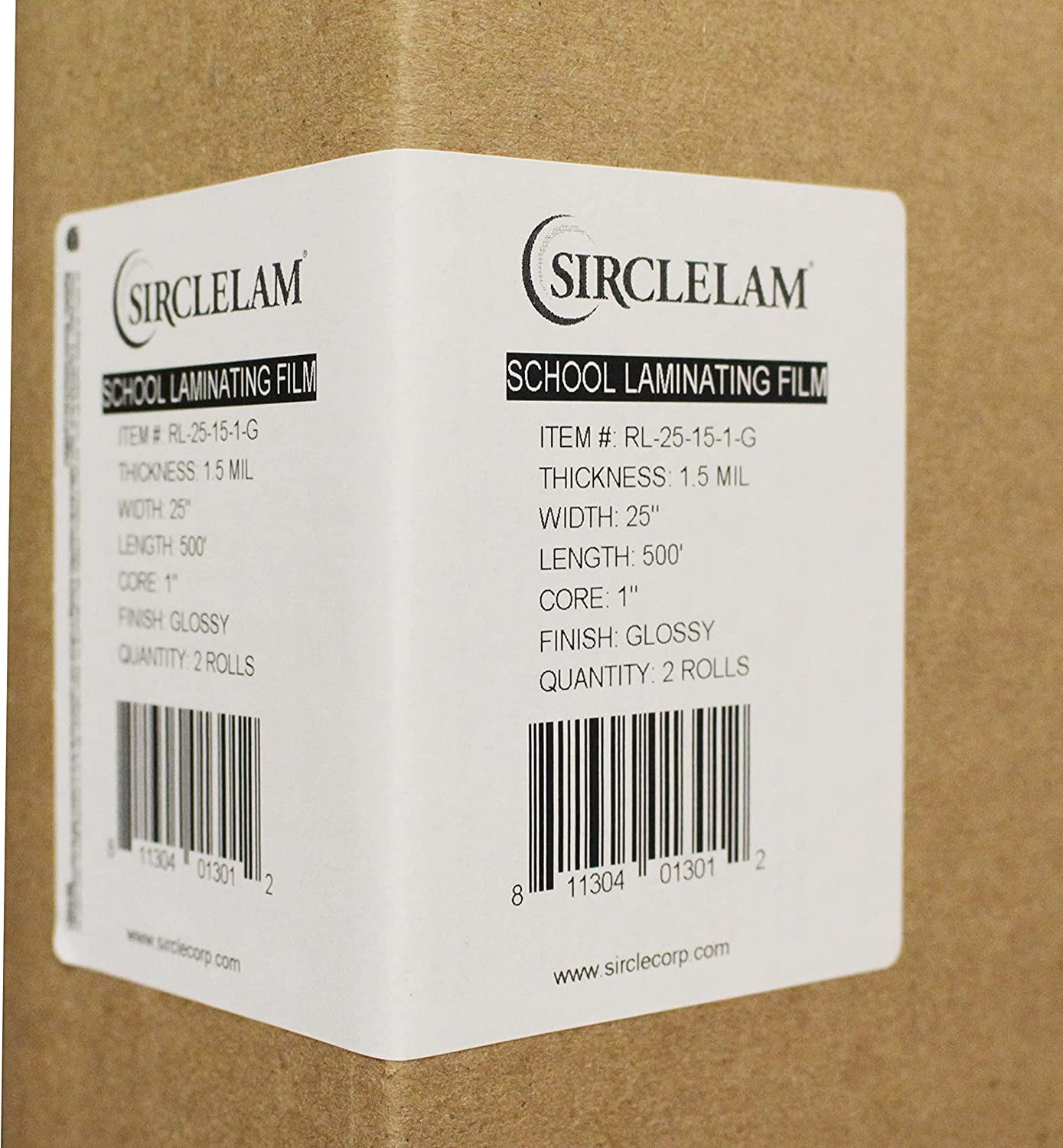 SircleLam School Laminating Film - 1.5Mil 25" x 500' - Clear Glossy - 1" Core - Qty: 2 Rolls