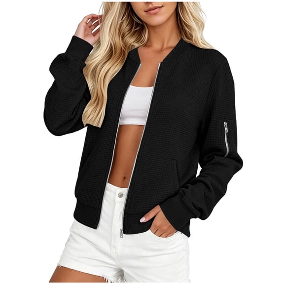 TEAJOPSUU Women's Waffle Bomber Jackets Zip Up V Neck Jackets with Pockets Relaxed Fit Casual Solid Fall Winter Jackets Outerwear Black
