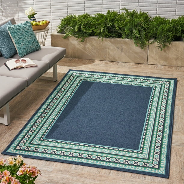 Indoor/ Outdoor Border 5 x 8 Area Rug, Green,Navy
