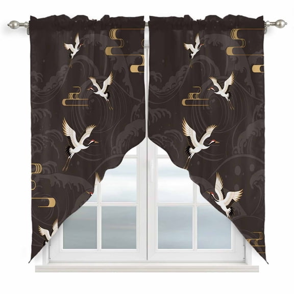 Japanese Style Swag Valances for Windows, Kitchen Curtains 36 Inch Length 2 Panels Set, Vintage Cranes Ocean Wave Black Grey Short Curtains for Small Windows Rod Pocket Cafe Curtains Drapes 28"x36"