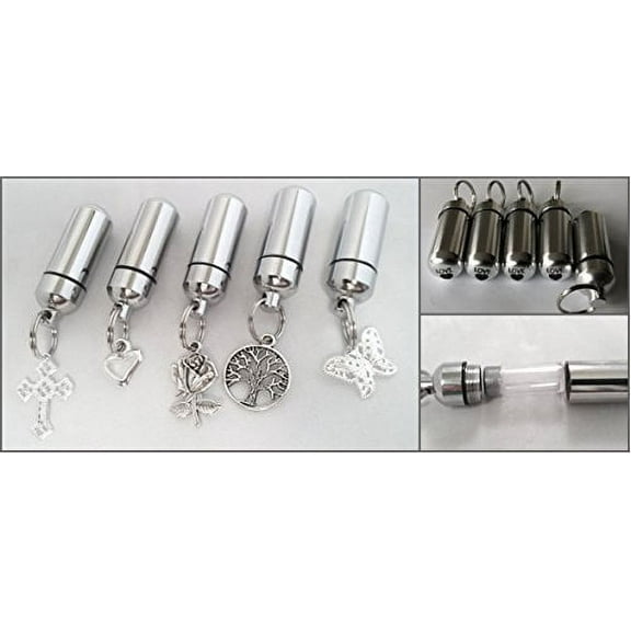 Assortment of FIVE Cremation Urn Keepsakes - Rose / Tree of Life / Butterfly / Cross / Open Heart - Includes 5 Velvet Pouches & Fill Kit