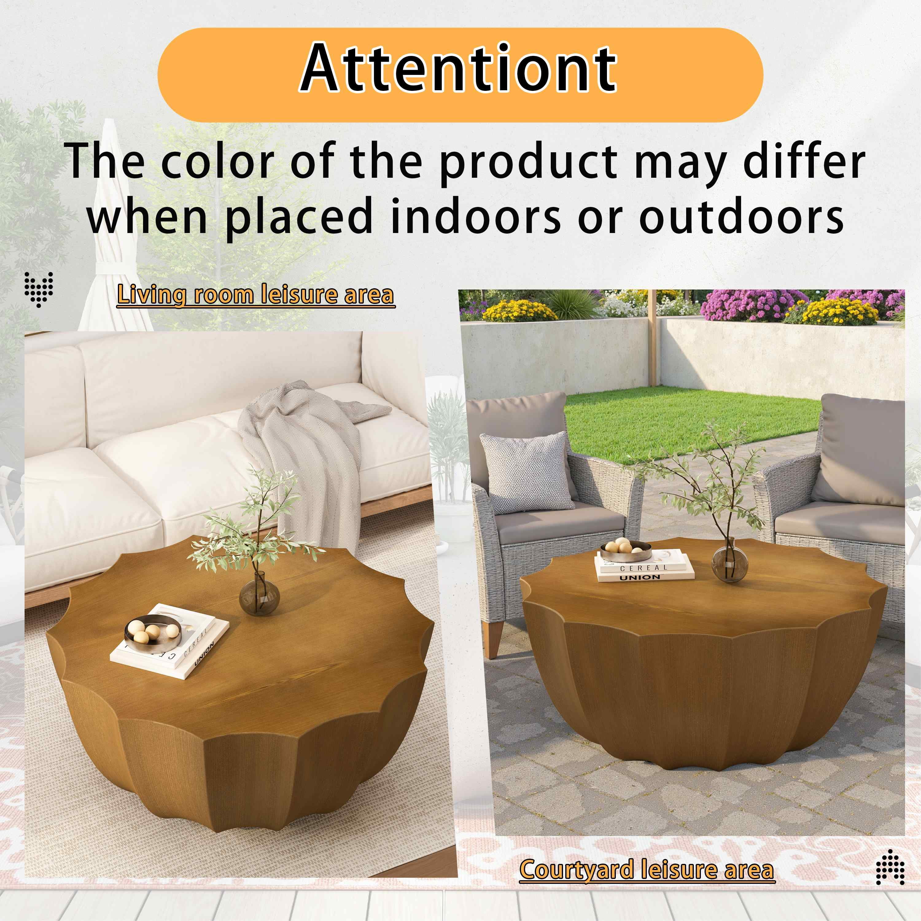 Lunale 35.43" Coffee Table for Indoor & Outdoor, Waterproof Durable MgO Cement Design, Wood Grain