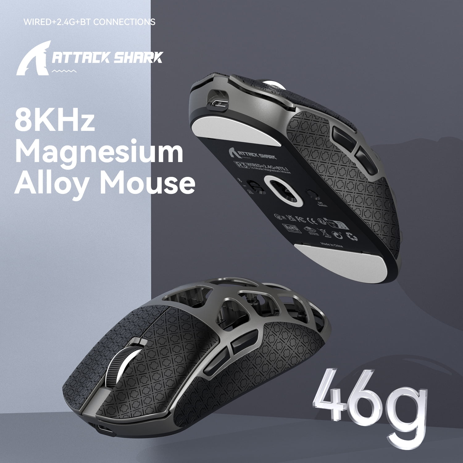 ATTACK SHARK R3 Wireless Gaming Mouse, 46g Superlight Magnesium Alloy Triple-Mode Computer Mouse, 8000Hz Polling Rate, PAW3395 26K DPI Sensor Programmable Mice for PC/Win/Mac (Grey & Griptape)