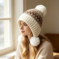 thumbnail image 4 of AVRNLIQ Fair Isle Knit Beanie Womens Ear Flap Winter Hat with Pom Pom White, 4 of 6