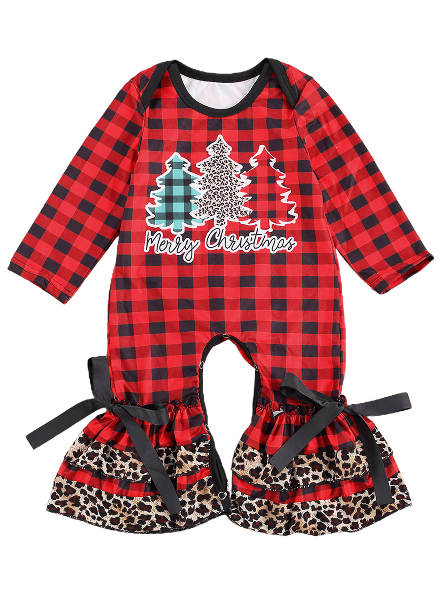 Aunavey Newborn Baby Girl Xmas Outfits Long Sleeve Romper Bell Bottom Christmas Jumpsuit