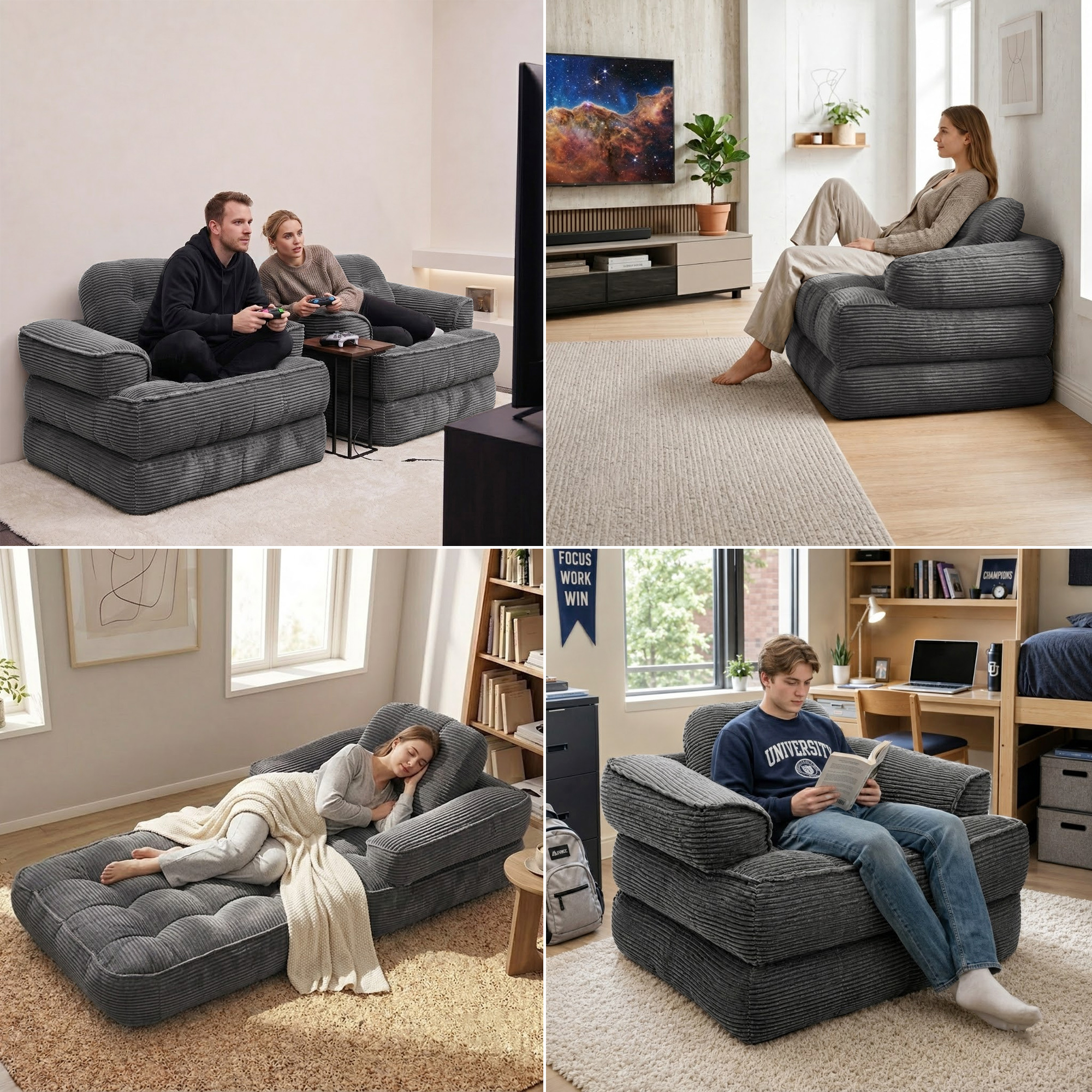 Leumius Folding Sofa Bed, Convertible Sofa Bed with Armrest, Corduroy Boneless Foldable Bed, 2-in-1 Portable Sofa Bed with Pillows for Bedroom, Living Room, Homestay, Game Room Dark Gray