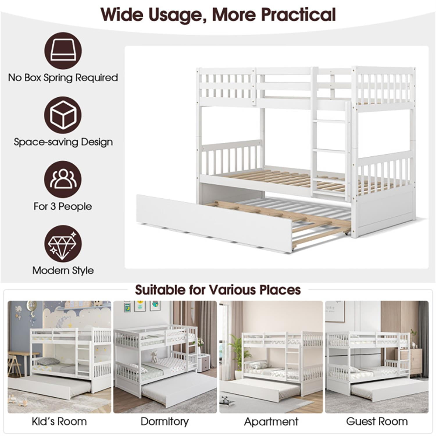 Demi Bonn Twin Pull-Out Bunk Beds with Ladder in the Steps and a Trundle, Twin Over Twin Bunk Bed Platform, White