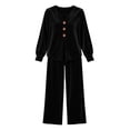thumbnail image 7 of Women's Casual Velvet Two Piece Set V Neck Button Long Sleeve Top and Wide Leg Pants Soft Loungewear Outfit for Daily Home Wear Black, 7 of 7