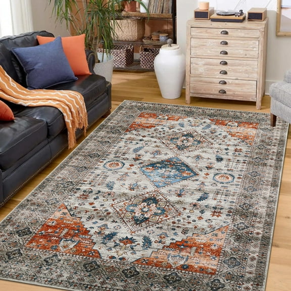 Geetinfly 5*7FT Area Rugs 5in*7in Vintage Distressed Area Rug Indoor Stain-Resistant Non-Slip Washable Floor Mat Boho Tribal Foldable Accent Rug for Dining Room Home Office Taupe Camel