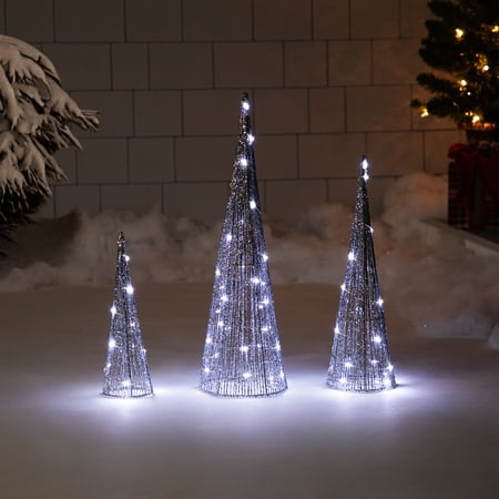 Northlight LED Lighted Glittered Outdoor Christmas Cone Tree - 23.75" - Silver - Set of 3